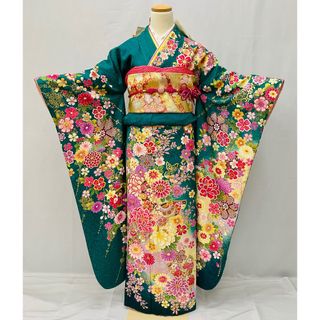 振袖　振袖フルセット　グリーン系　蝶　牡丹　桜　銀通し　正絹(振袖)