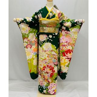振袖　振袖フルセット　グリーン系　牡丹　御所車　鞠　扇　正絹(振袖)