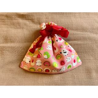 【ハンドメイド】かわいい！フルーツ大福とシマエナガの巾着(表地綿100％日本製)(ポーチ)