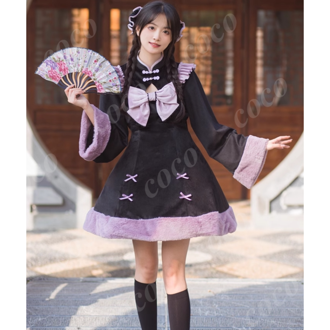 オリジナル 中華風 改良 冬 青白く チャイナドレス ロリ−タ オリジナル 中華風 改良 冬 青白く チャイナドレス ロリ−タ