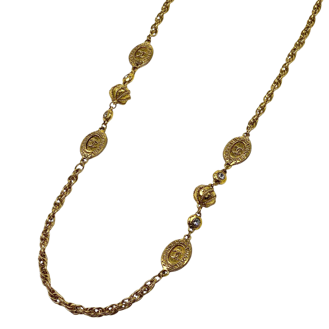 CHANEL - シャネル ココマーク ラインストーン ネックレス GP 【中古】