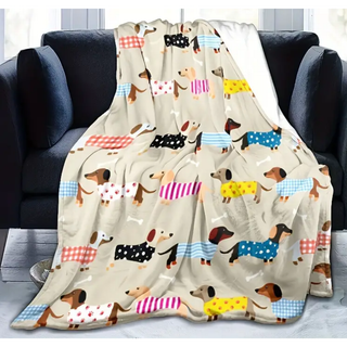 大きな軽量ブランケット　150×200　ダックス柄　カーキ(毛布)