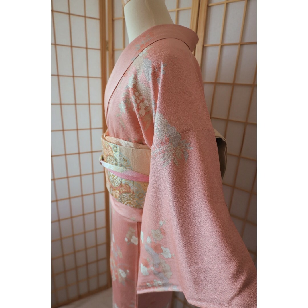 落ち着いたピンク地に花々訪問着コーディネートセット 正絹 袷 落ち着いたピンク地に花々訪問着コーディネートセット 正絹 袷