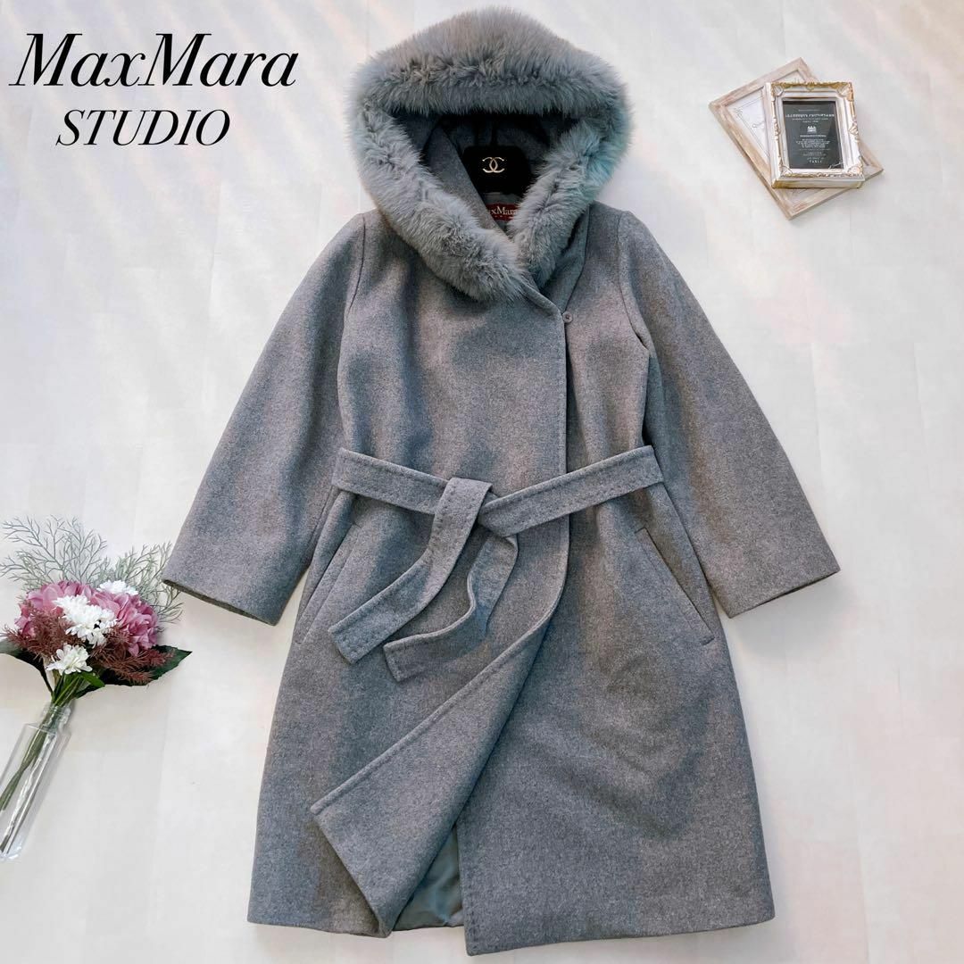 Max Mara - 高級✨マックスマーラ ベルテッドコート シルク アンゴラ フォックスファー 36