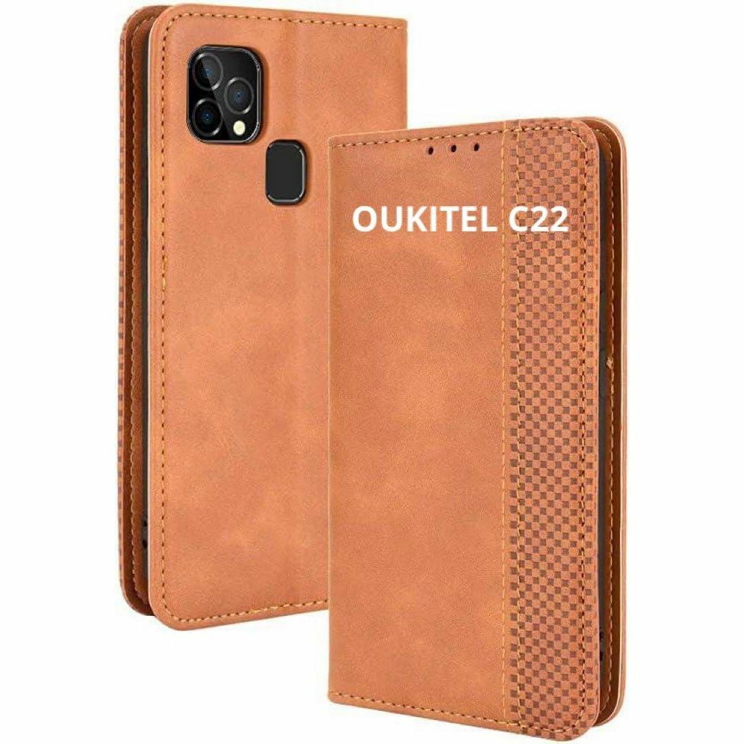 OUKITEL C22 ケース スマホ 手帳型 レザー ブラウン キャラメル