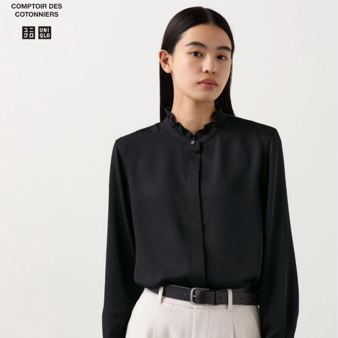 UNIQLO - 🎍【UNIQLO 】サテンフリルブラウス 黒 コントワーデ UNIQLO - 🎍【UNIQLO 】サテンフリルブラウス 黒 コントワーデ