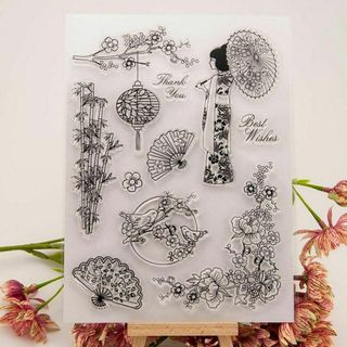 クリアスタンプ春チャイナ中国手帳梅の花鶯鳥竹傘女の子台湾海外レトロハンドメイド新(はんこ)