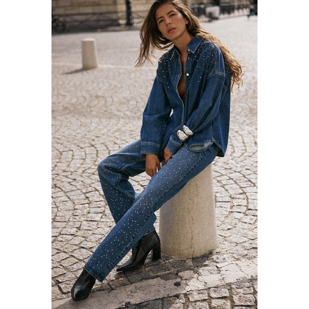 ZARA - ZARA ハイライズ FULL LENGTH ビーズ デニムパンツ 36 ZARA - ZARA ハイライズ FULL LENGTH ビーズ デニムパンツ 36