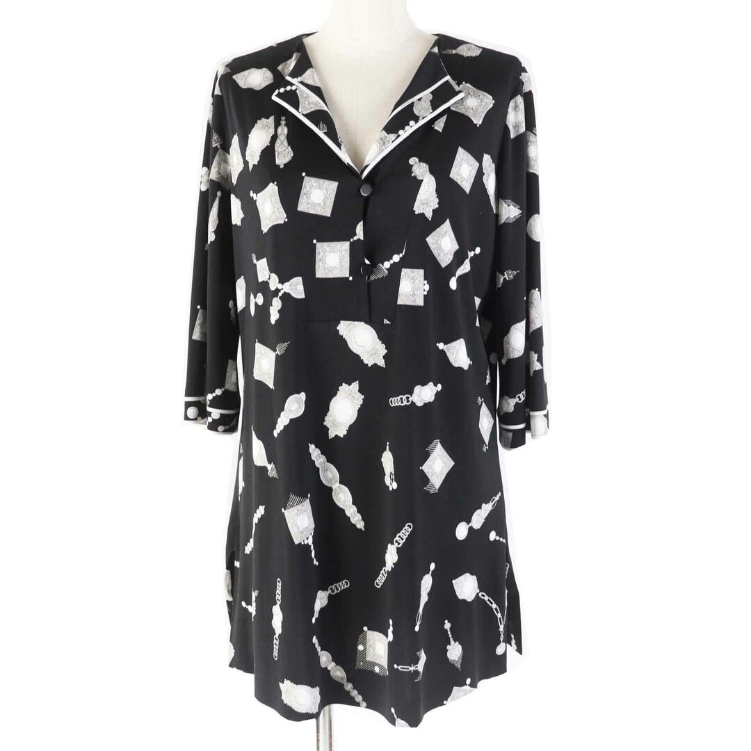 極美品◎LEONARD FASHION レオナール ファッション 0159201 総柄プリント トップス ブラック ホワイト 38 日本製 正規品 レディース