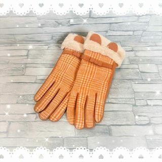 レディース　手袋　スマホ操作可能　チェック　防寒　オレンジ　オシャレ　5本指(手袋)