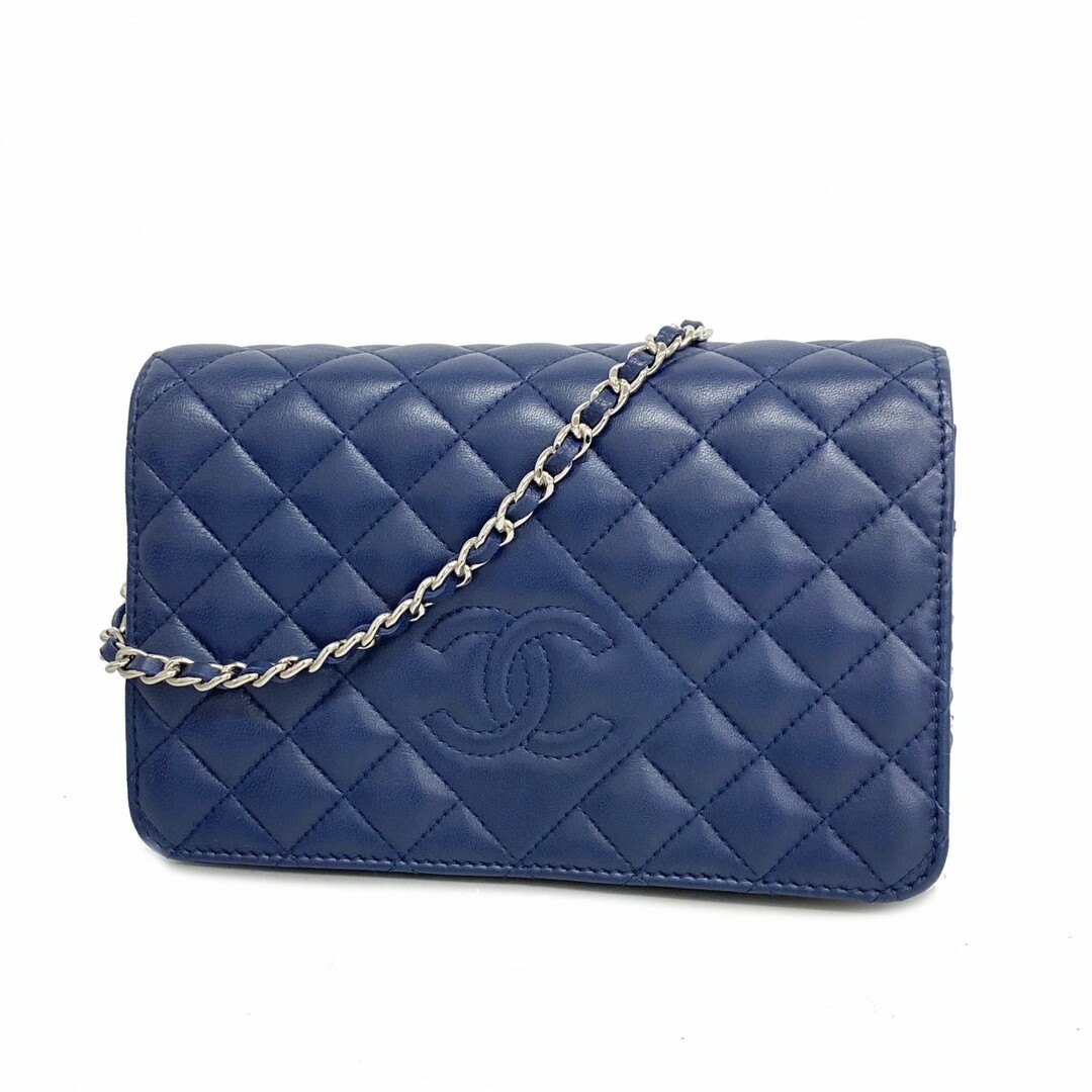 CHANEL - 【4td4105】シャネル ショルダーウォレット マトラッセ チェーンショルダー ラムスキン ネイビー シルバー金具【中古】レディース
