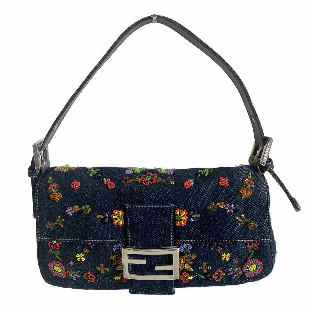 FENDI - 【FENDI / フェンディ】バゲット デニム マルチカラー 花刺繍 ショルダーバッグ