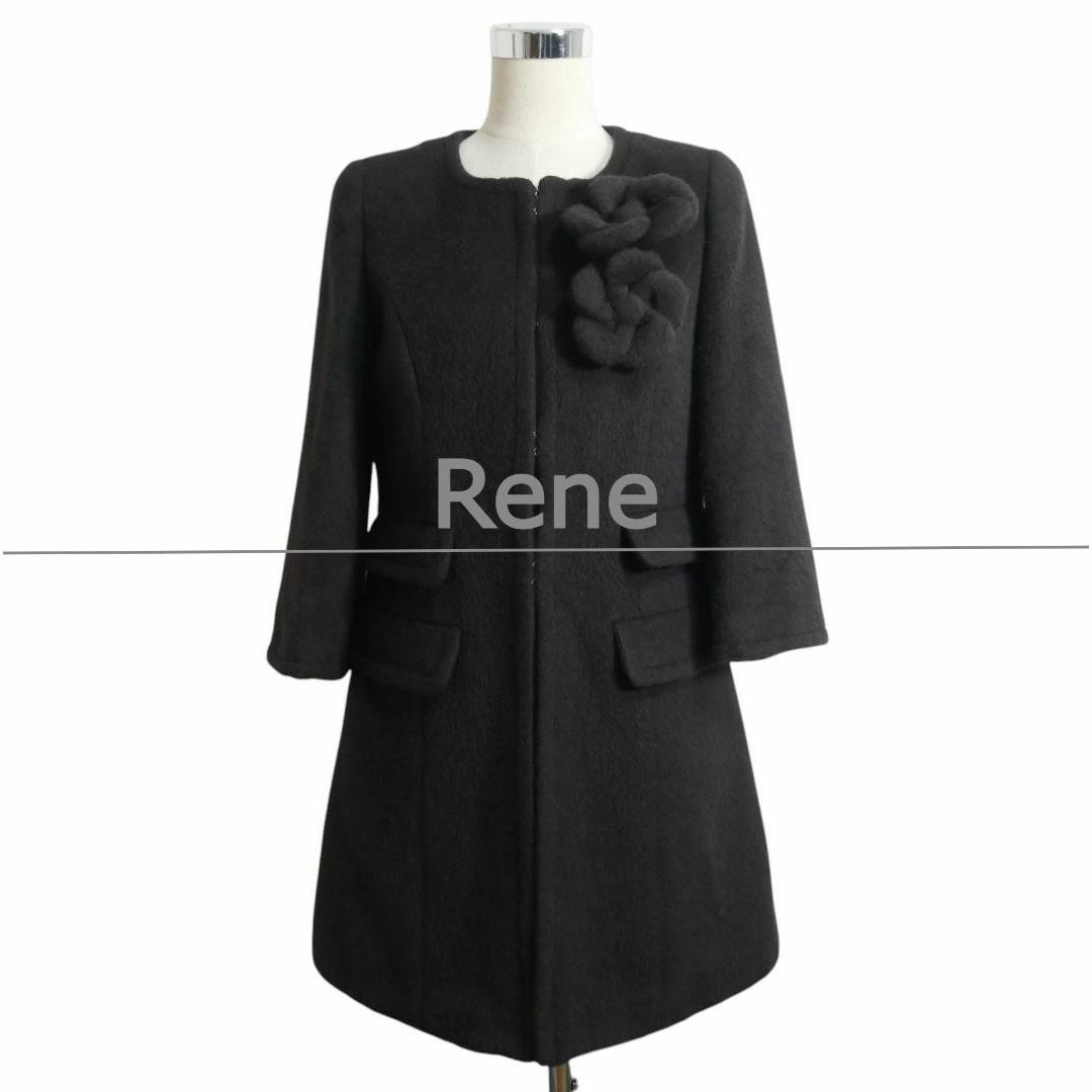 美品 Rene ルネ コサージュ 七分袖 ロング ノーカラーコート 美品 Rene ルネ コサージュ 七分袖 ロング ノーカラーコート