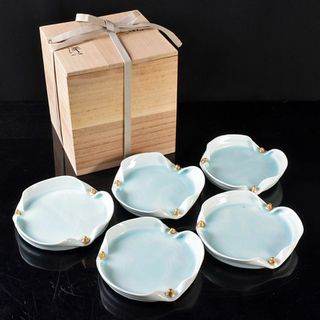 和食器　洋仁作　加藤洋二作　氷裂皿　五客　共箱　D　R8094B(陶芸)