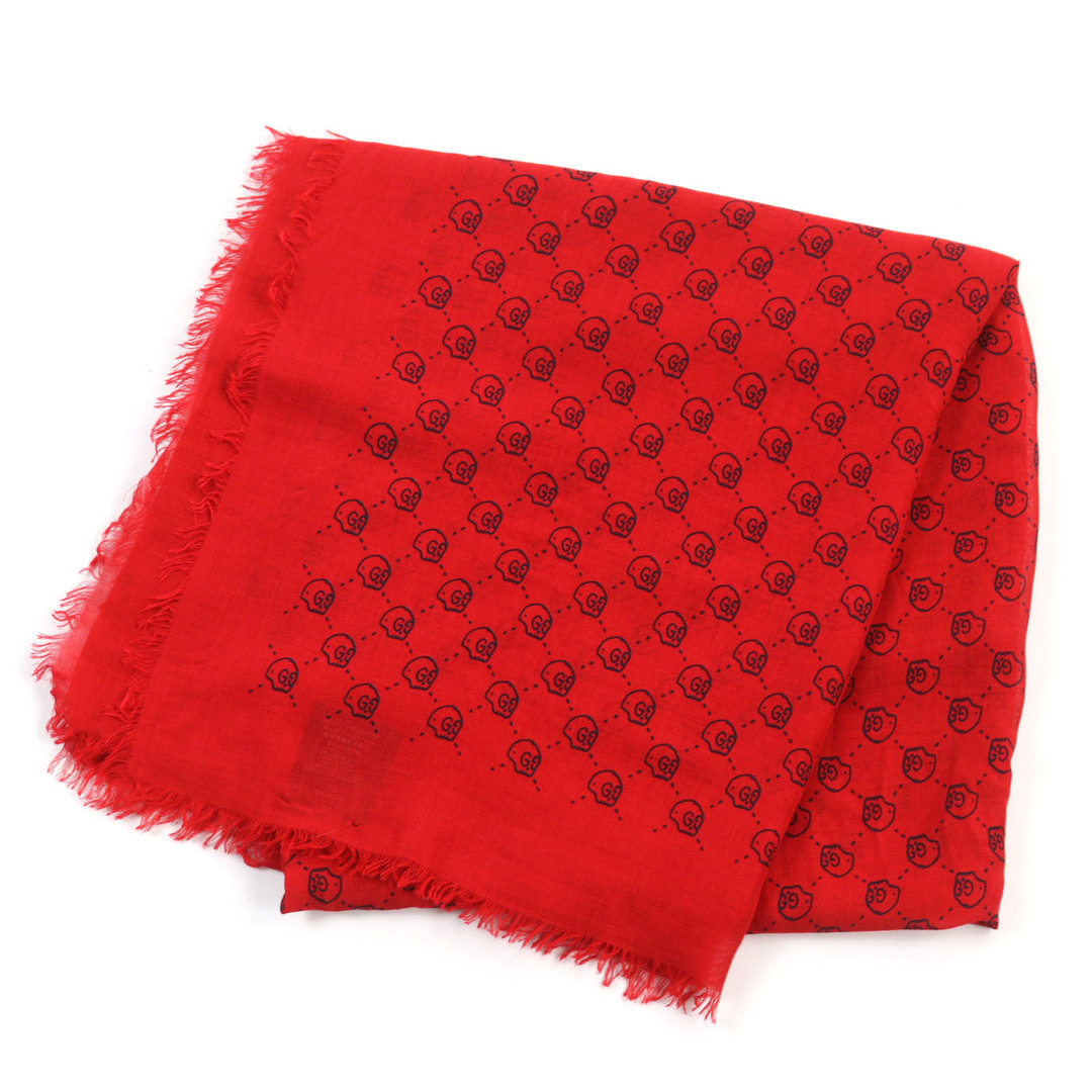 GUCCI - 極美品○GUCCI グッチ 453225 シルク混 GGゴースト スカル シルク混 ミニフリンジ ショール/スカーフ レッド ブラック 140×140 イタリア製 正規品 メンズ レディース