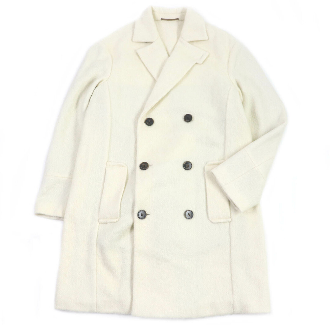 美品□Berluti ベルルッティ アルパカ モヘア ロゴボタン ロング ダブルブレスト チェスターコート アイボリー 44 イタリア製 正規品 メンズ