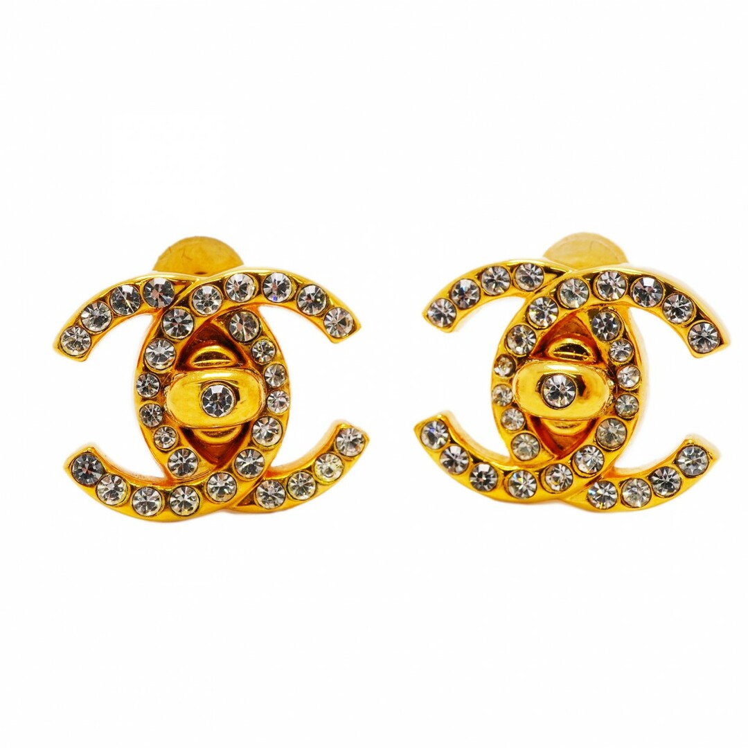 CHANEL - 【4jtb092】シャネル イヤリング ヴィンテージ ターンロック ラインストーン GPメッキ ゴールド【中古】レディース