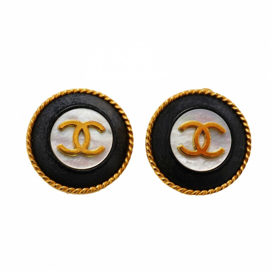 CHANEL - 【4jtb095】シャネル イヤリング ヴィンテージ ココマーク 丸型 サークル シェル GPメッキ ゴールド ブラック【中古】レディース