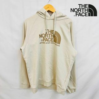 ノースフェイス フードパーカーメンズ L ベージュ ビッグプリントロゴ 美品(パーカー)