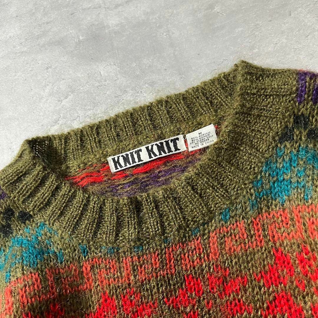 モヘア50%、フラワーボーダー】KNIT KNITニット古着90sあい モヘア50%、フラワーボーダー】KNIT KNITニット古着90sあい