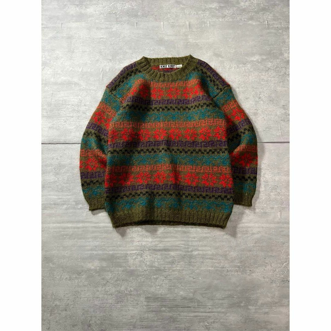 モヘア50%、フラワーボーダー】KNIT KNITニット古着90sあい モヘア50%、フラワーボーダー】KNIT KNITニット古着90sあい