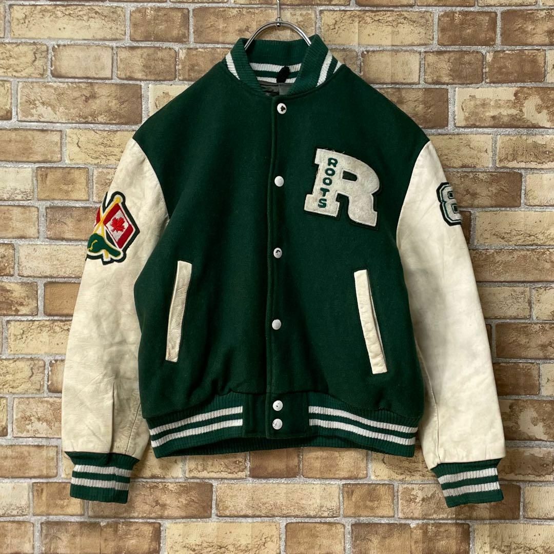 Roots ルーツ カナダ製 袖革ウールスタジャン グリーン ワッペン Roots ルーツ カナダ製 袖革ウールスタジャン グリーン ワッペン