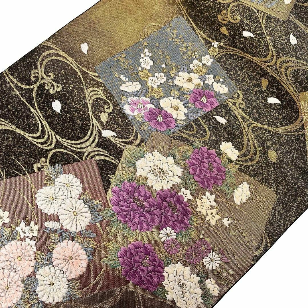 袋帯 西陣 聚楽 じゅらく 帝王紫 色紙に美しい花模様 金糸 O-4419 袋帯 西陣 聚楽 じゅらく 帝王紫 色紙に美しい花模様 金糸 O-4419