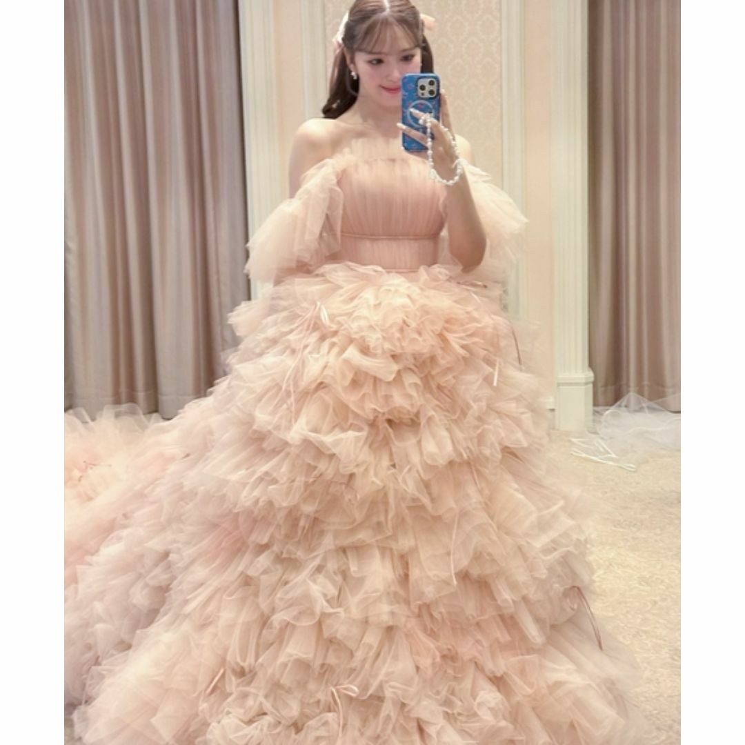 豪華！ピンク パーティードレス オフショルダー ボリュームドレス 優雅 花嫁
