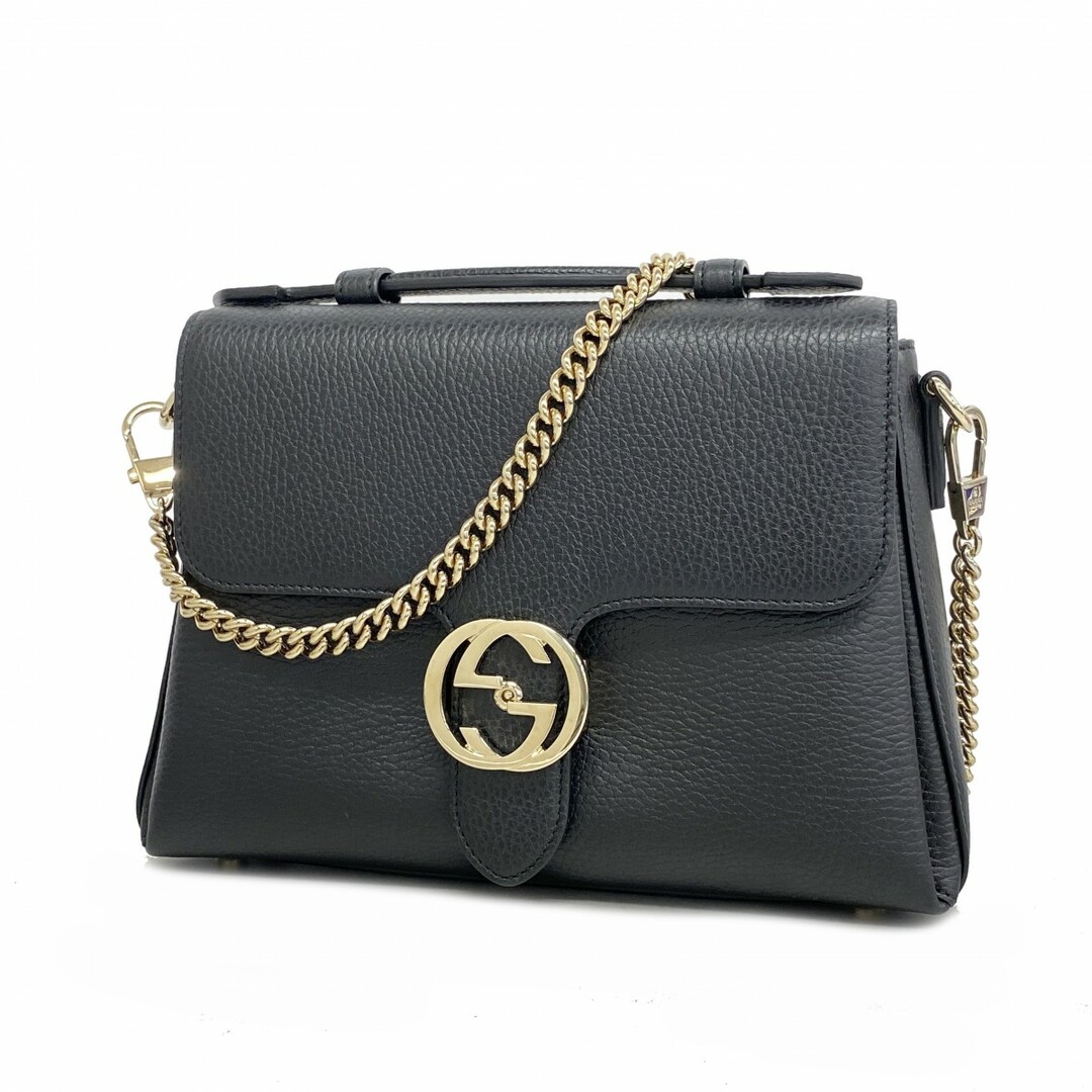 GUCCI - 【4te5236】グッチ ショルダーバッグ インターロッキングG 510302 レザー ブラック シャンパンゴールド金具【中古】レディース