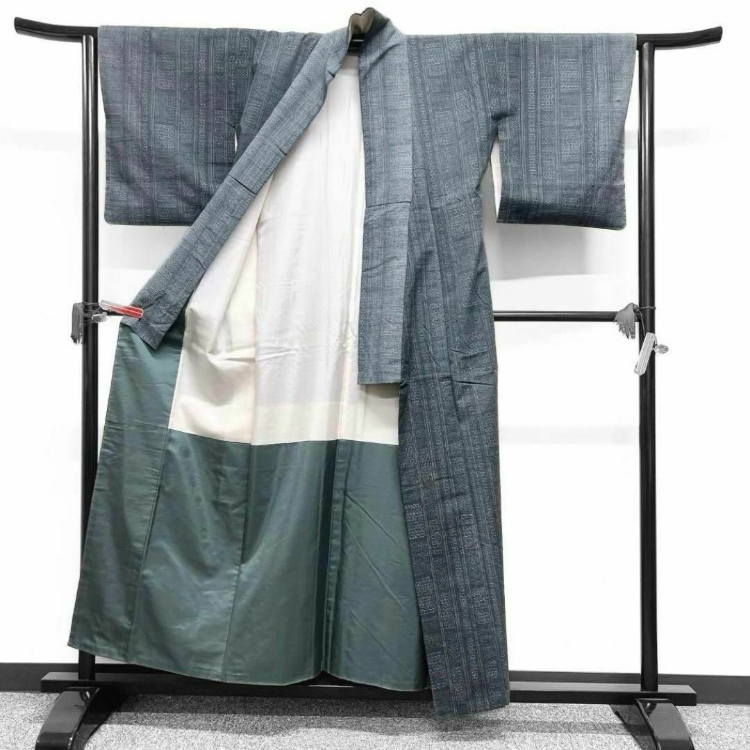 小紋 紬 草木染 絣模様 亀甲 縦縞 着物 072w d 小紋 紬 草木染 絣模様 亀甲 縦縞 着物 072w d