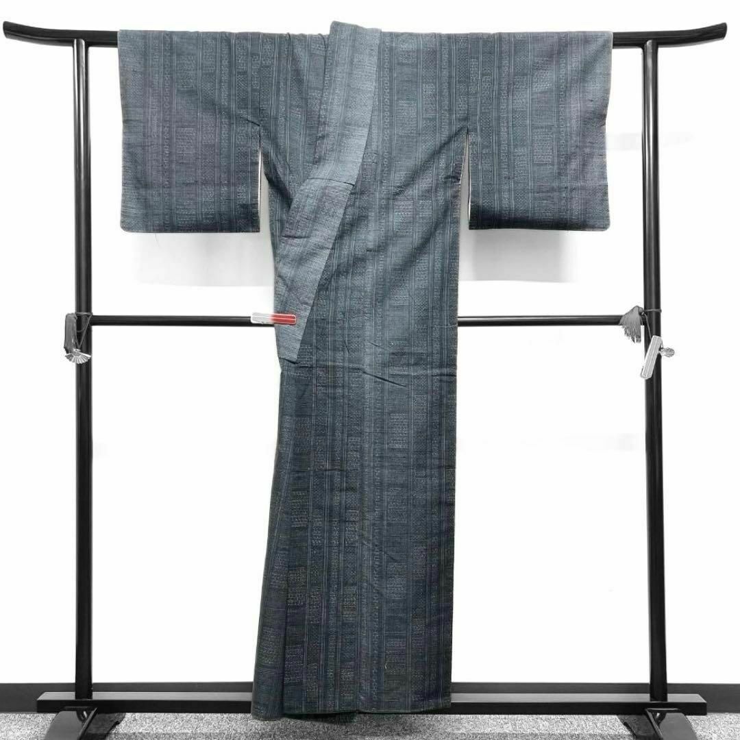 小紋 紬 草木染 絣模様 亀甲 縦縞 着物 072w d 小紋 紬 草木染 絣模様 亀甲 縦縞 着物 072w d