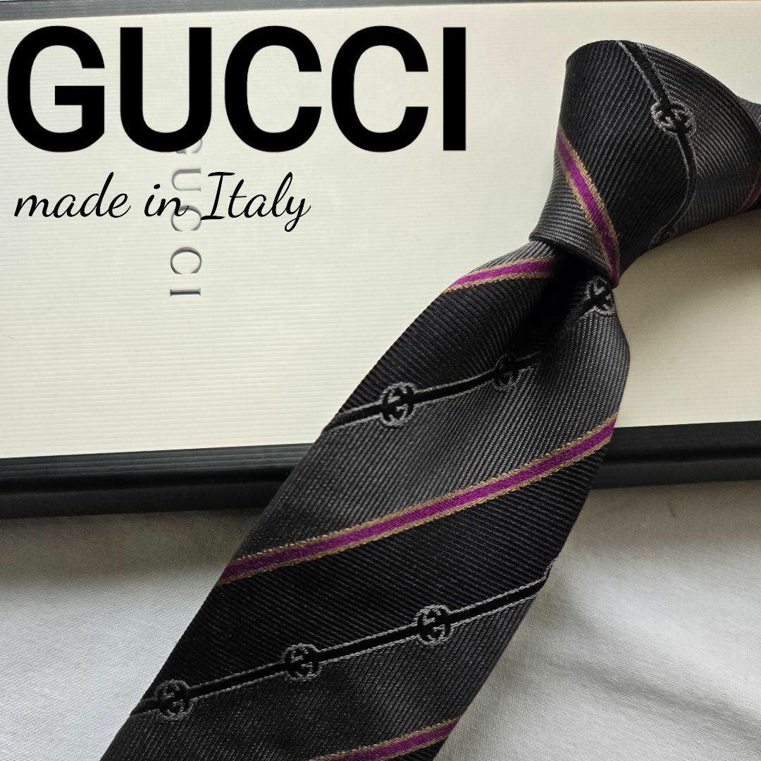 美品 GUCCI グッチ グレー ブラック ストライプ 素敵なネクタイ 美品 GUCCI グッチ グレー ブラック ストライプ 素敵なネクタイ