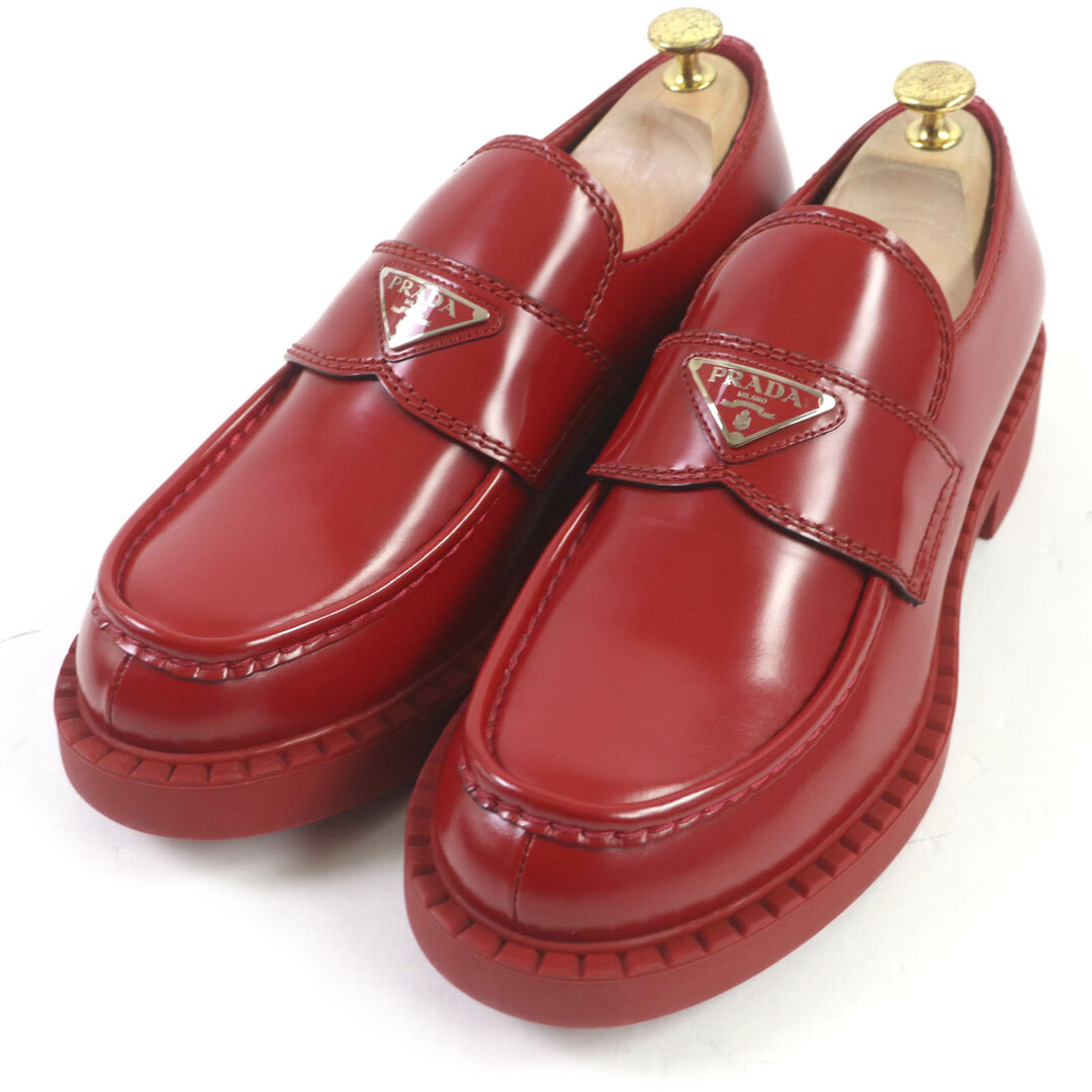 PRADA - 未使用品□PRADA プラダ 2DE127 チョコレート トライアングルロゴ ブラッシュドレザー 厚底 ローファー レッド 8.5 保存袋付き イタリア製 メンズ 定価169,400円