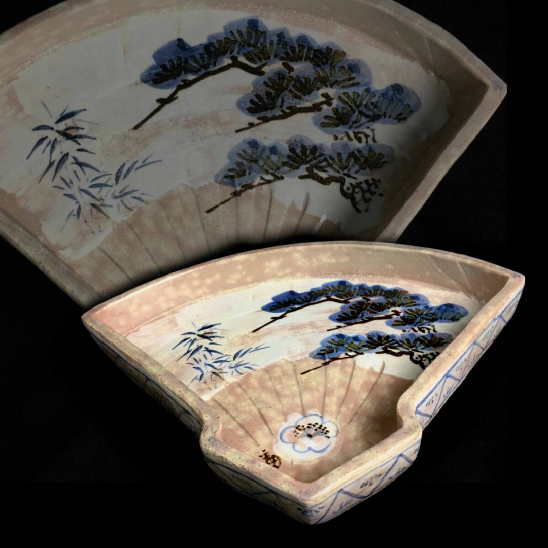 【未使用保管品】徳力富吉郎 松竹梅図 扇面鉢 茶道具 和食器 会席道具 懐石道具