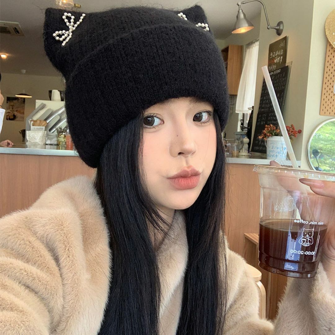 韓国♡キュート♡猫耳リボンファーニット帽子y2k 流行り 秋冬