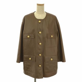 セリーヌ(CELINE)の【美品】  CELINE / セリーヌ | Leather biker jacket  / 羊革 ラムレザー トリオンフ 金ボタン ノーカラー ジャケット / 柄総裏地 | 36 | ブラウン | レディース(その他)