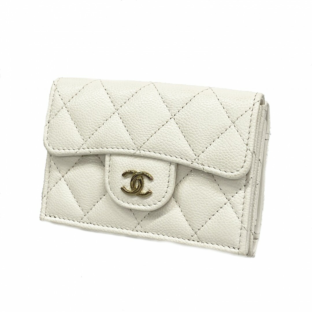 CHANEL - 【4tc2063】シャネル 三つ折り財布 マトラッセ キャビアスキン ホワイト ゴールド金具【中古】レディース