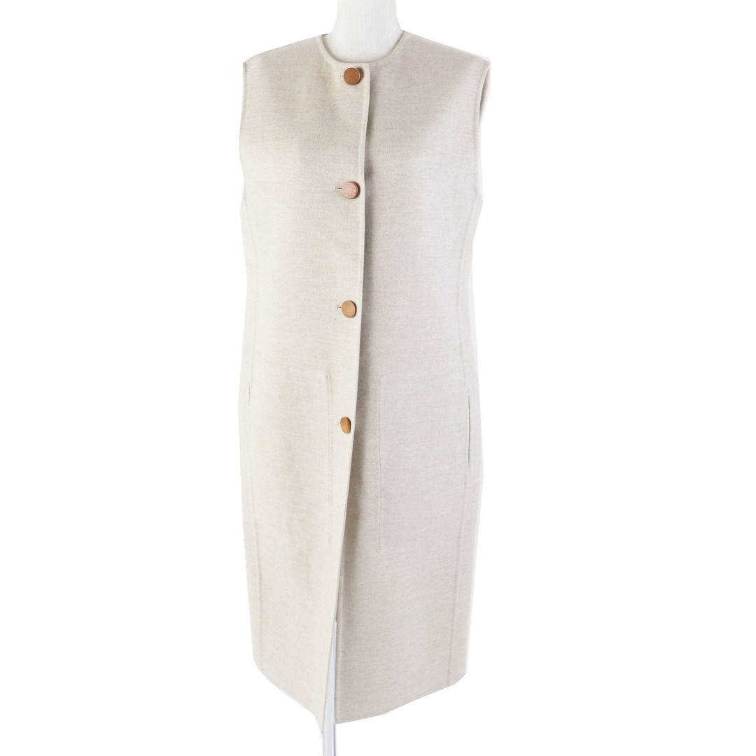 HERMES - 極美品◎HERMES エルメス 23AW 3H0191DB カシミヤ100％ セリエウッドボタン付き ロングジレ／ベスト ライトベージュ 38 フランス製 正規品 レディース