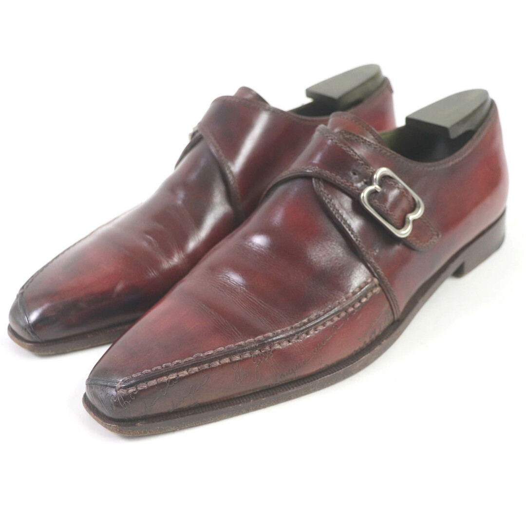 良品□Berluti ベルルッティ デムジュール スカーズ カリグラフィ スクリット パティーヌ シングルモンクストラップ レザー ドレスシューズ ボルドー 9 保存袋付き イタリア製 正規品 メンズ