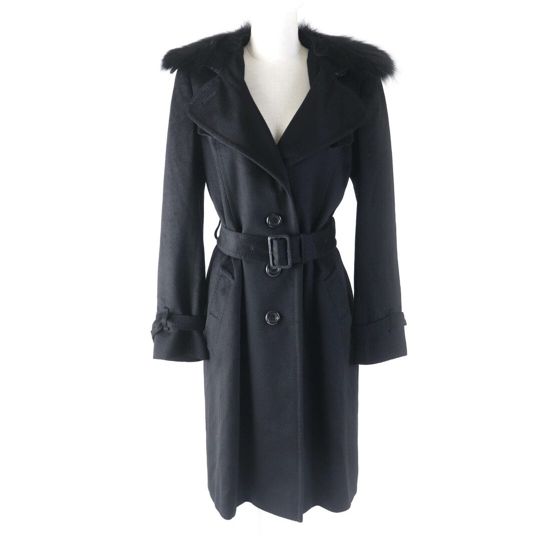 極美品★BURBERRY LONDON バーバリーロンドン FN344-925-09 カシミヤ混 襟元FOXファー・ロゴボタン付 裏地チェック柄 ベルテッドコート ブラック 38 日本製 正規品 レディース