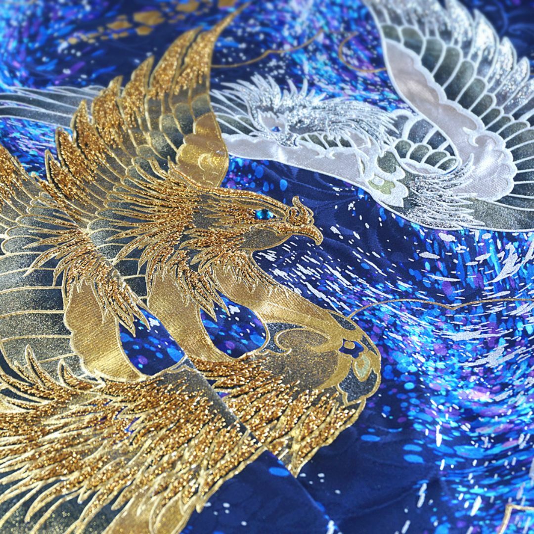 振袖 プレミアムゴールド 関芳 鳳凰 未仕立て 仮絵羽 青 金 振袖 プレミアムゴールド 関芳 鳳凰 未仕立て 仮絵羽 青 金
