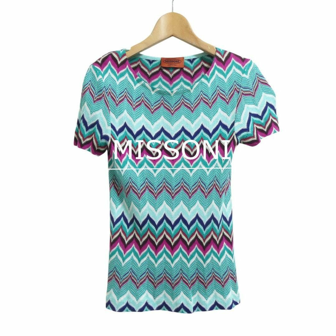 福袋安いいね半額ストア 美品 MISSONI 半袖 シェブロンストライプ レーヨン×シルク カットソー(半袖+袖なし)
