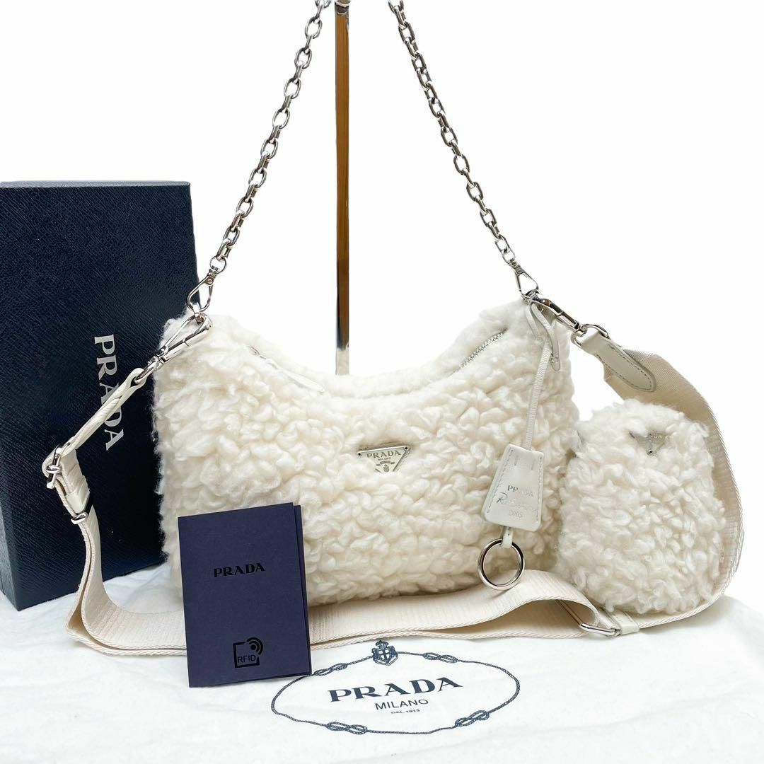 美品 プラダ ボア シアリング チェーン ショルダー ハンド バッグ 白 美品 プラダ ボア シアリング チェーン ショルダー ハンド バッグ 白