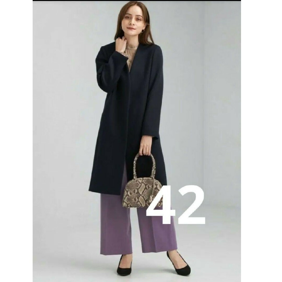 UNITED ARROWS green label relaxing(ユナイテッドアローズグリーンレーベルリラクシング)のW/N ノーラペル ノーカラーコート　サイズ42　ネイビー ノーカラー レディースのジャケット/アウター(ロングコート)の商品写真