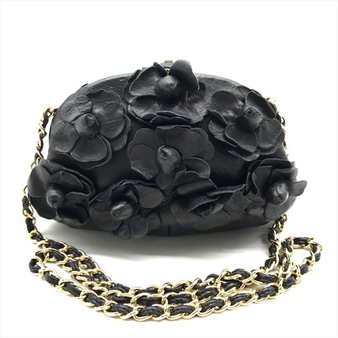 CHANEL - 良品 CHANEL シャネル ラムスキン 3D カメリア チェーン がま口 ショルダー バッグ ブラック a4423