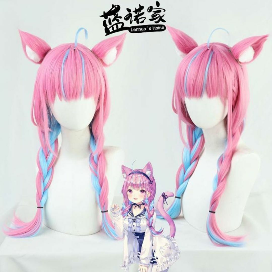 耳付き♡ホロライブ 湊あくあ ウィッグ コスプレ vtuber 三つ編み ロング エンタメ/ホビーのコスプレ(ウィッグ)の商品写真
