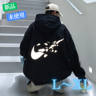 韓国 ストリート メンズ 光る ロゴ フード パーカー 長袖 ブラック(パーカー)