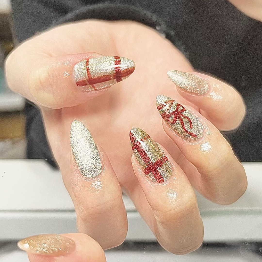 ネイルチップ オーダー クリスマス リボン ツイード - ネイル ネイルチップ オーダー クリスマス リボン ツイード - ネイル