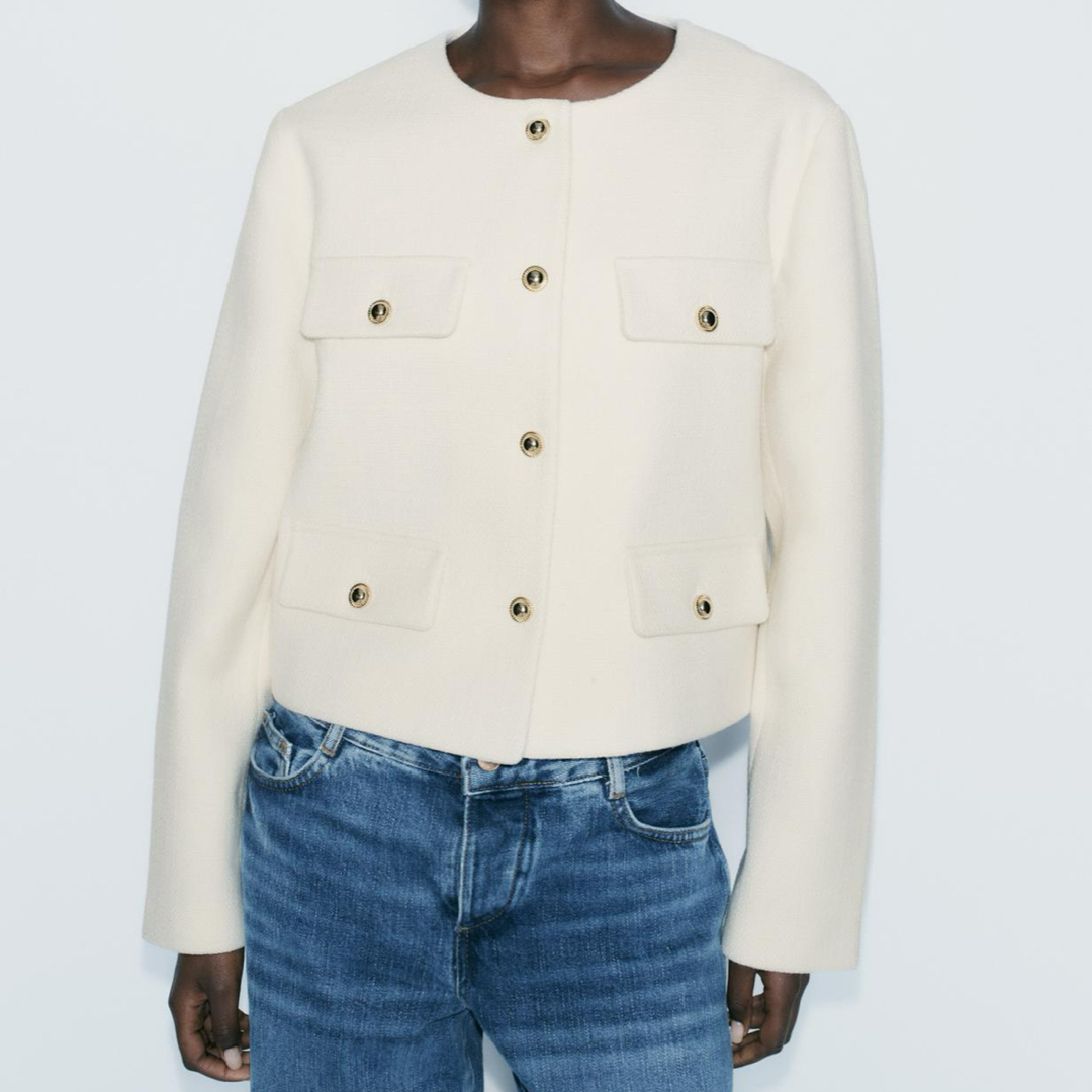 ZARA - クロップドブレザー フラップ 白 Lサイズの通販 by shop ZARA - クロップドブレザー フラップ 白 Lサイズの通販 by shop