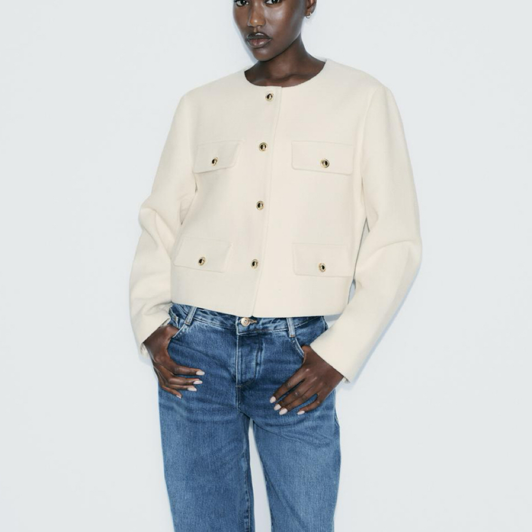 ZARA - クロップドブレザー フラップ 白 Lサイズの通販 by shop ZARA - クロップドブレザー フラップ 白 Lサイズの通販 by shop